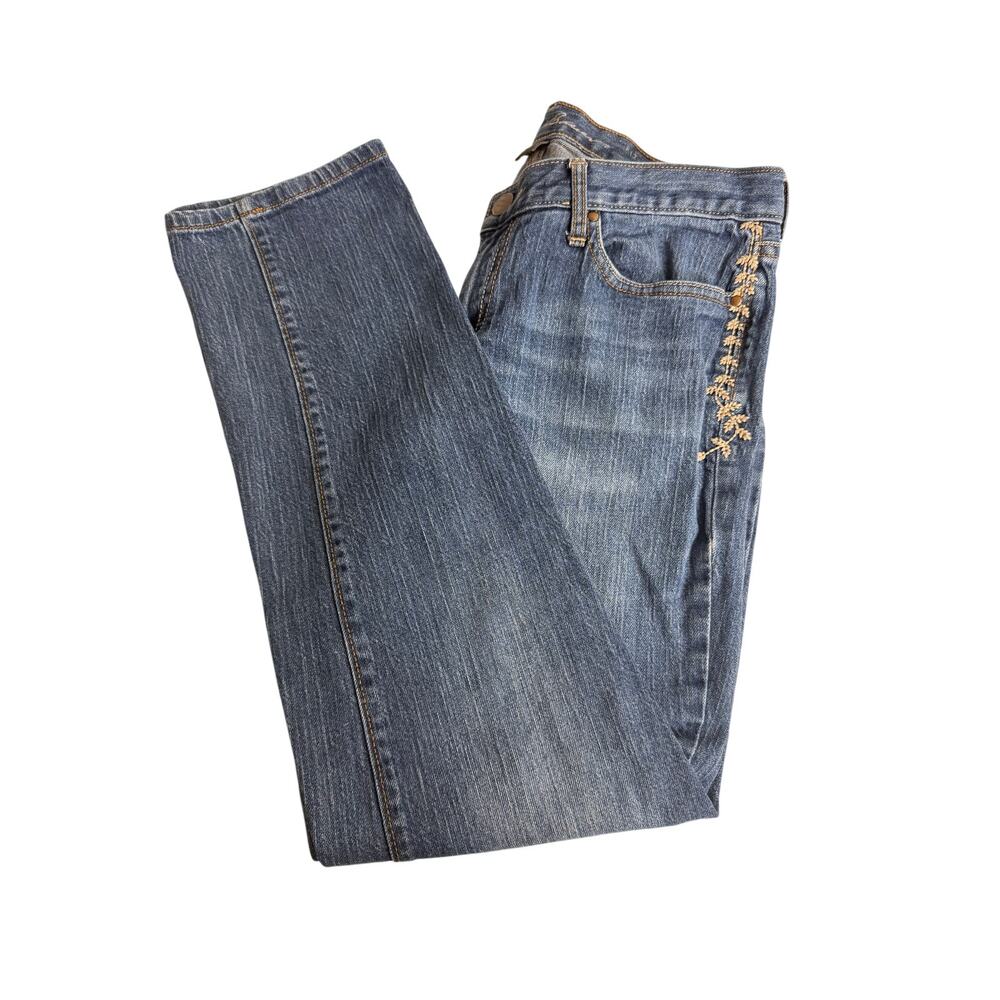 Eddie Bauer blue denim boyfriend jeans relaxed leg tan embroidery stretch Sz 6